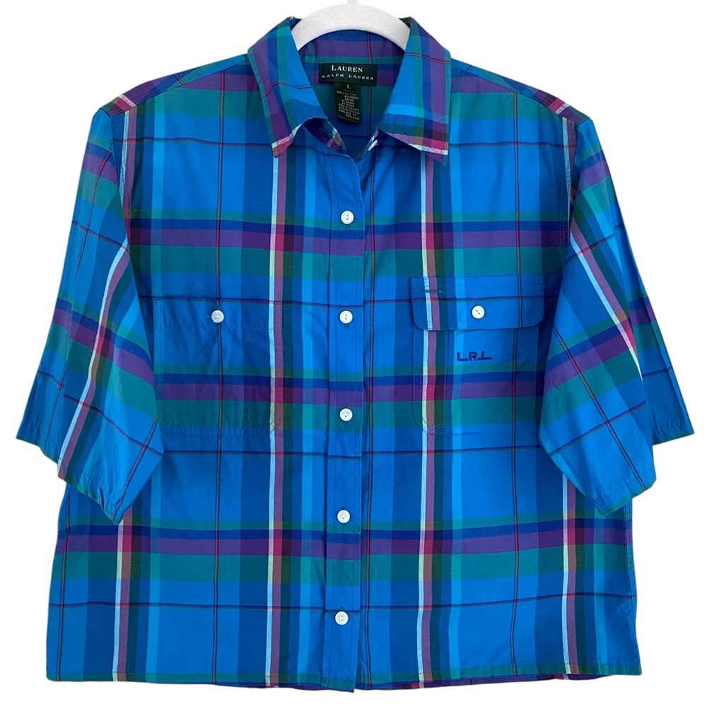 Ralph Lauren Blue & Pink Plaid 100% Cotton Button Down Cropped Blouse Size Large